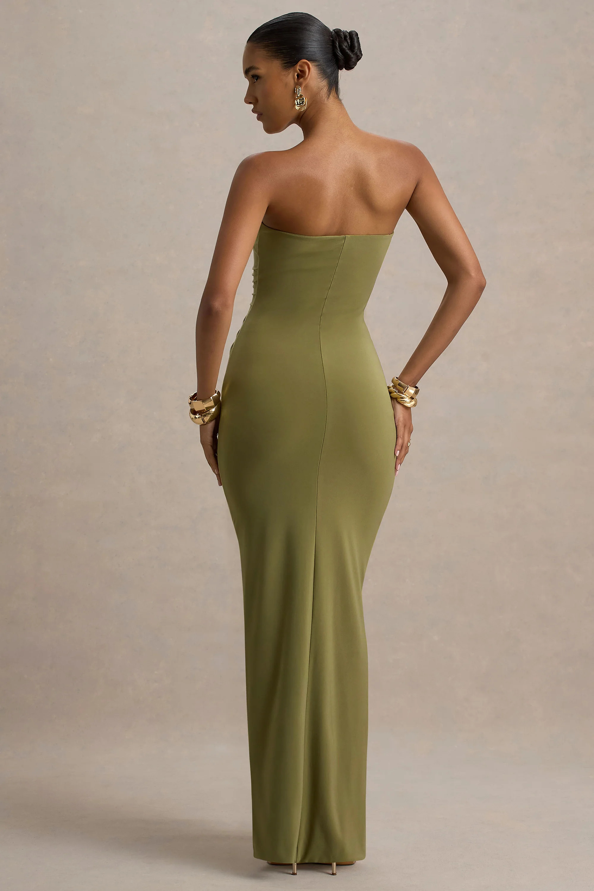 Ali | Olive Sweetheart Ruched Wrap Maxi Dress | Club L London