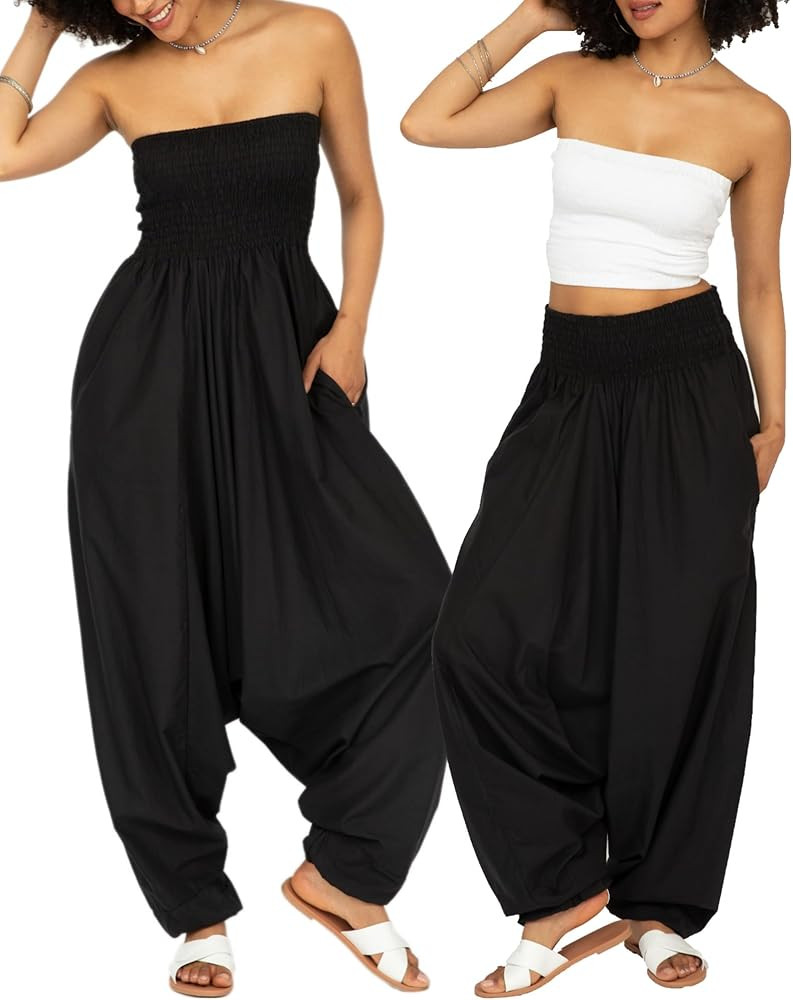 likemary Harem Pants Women Jumpsuits – Maxi Romper Pulls Down into Cotton Boho Pants with Pocke... | Amazon (US)