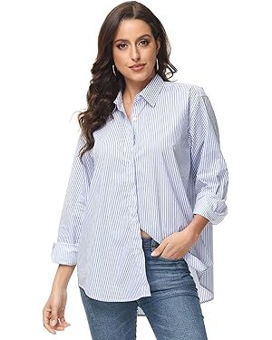 MCEDAR Women's Oversized Button Down Shirts Casual Plus Size Boyfriend Shirt Long Sleeve Striped ... | Amazon (US)