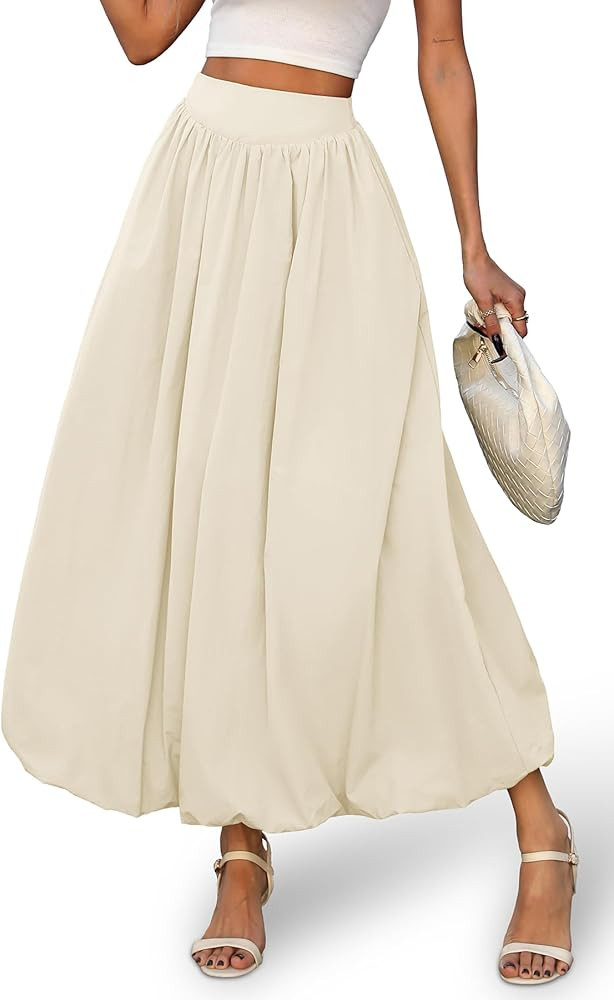 ELLEVEN Women's Bubble Maxi Skirt, Elastic Waist Puffy Hem A-Line Skirt with Pockets | Amazon (US)