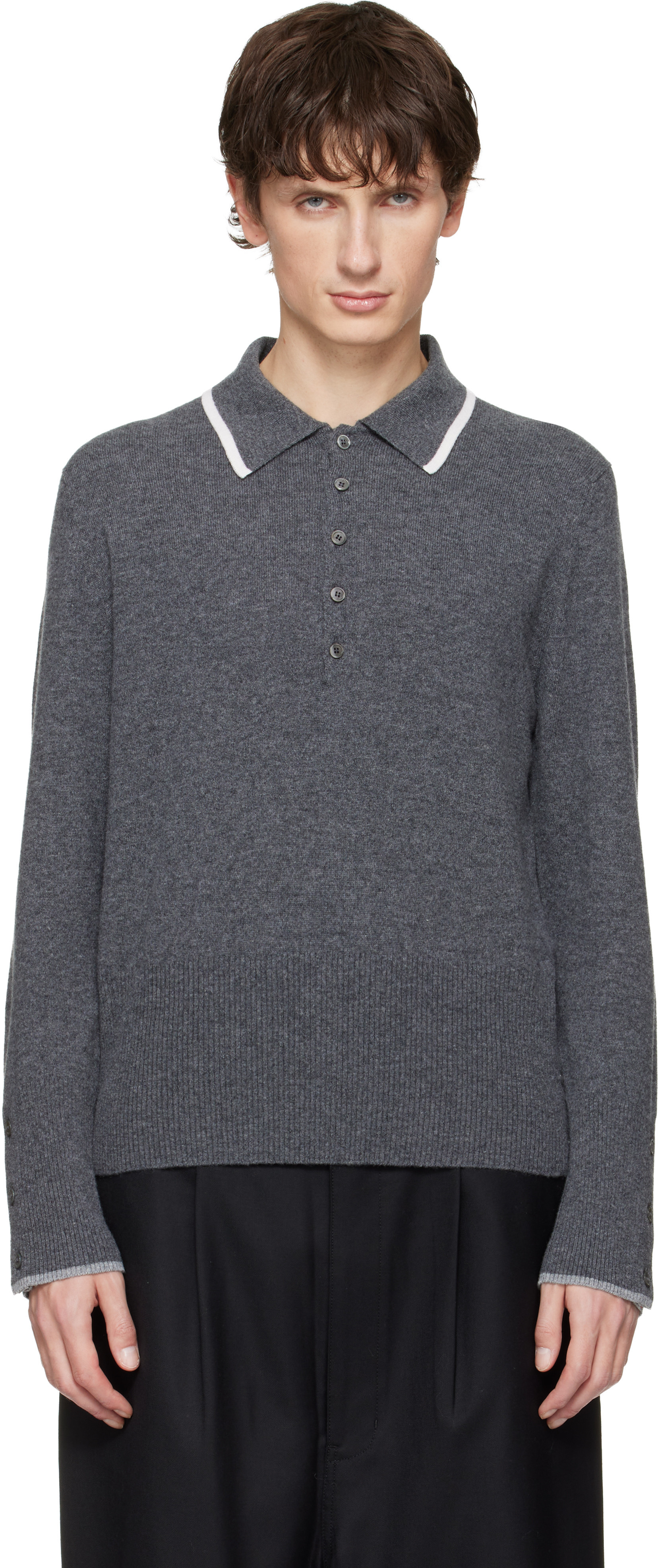 Thom Browne Gray 'Browne 65' Jersey Cashmere Long Sleeve Polo | SSENSE