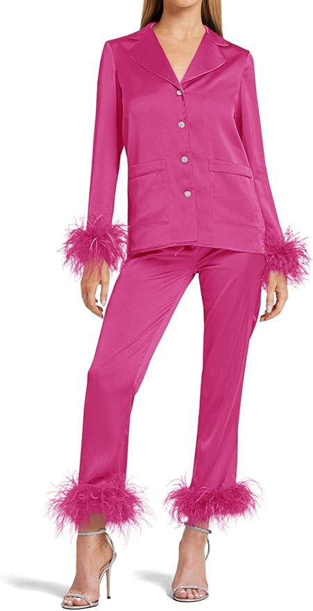 Women's Silk Satin Pajama Set Feather Trim Bridal Long Sleeve Pocketed Lounge Sets Sleepwear (Rem... | Amazon (US)