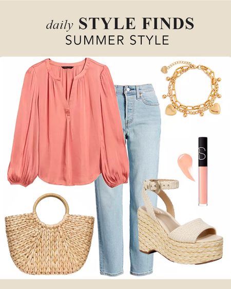 Woven espadrille Sam Edelman Wedge Sandals, Peach satin peasant blouse, Levis wedgie jeans light wash, gold heart chain charm bracelet, NARS lip gloss, Summer Outfit #summeroutfits #casualoutfit - Casual Girls lunch brunch outfit styled with jeans #dailystylefinds

#LTKstyletip #LTKshoecrush #LTKover40