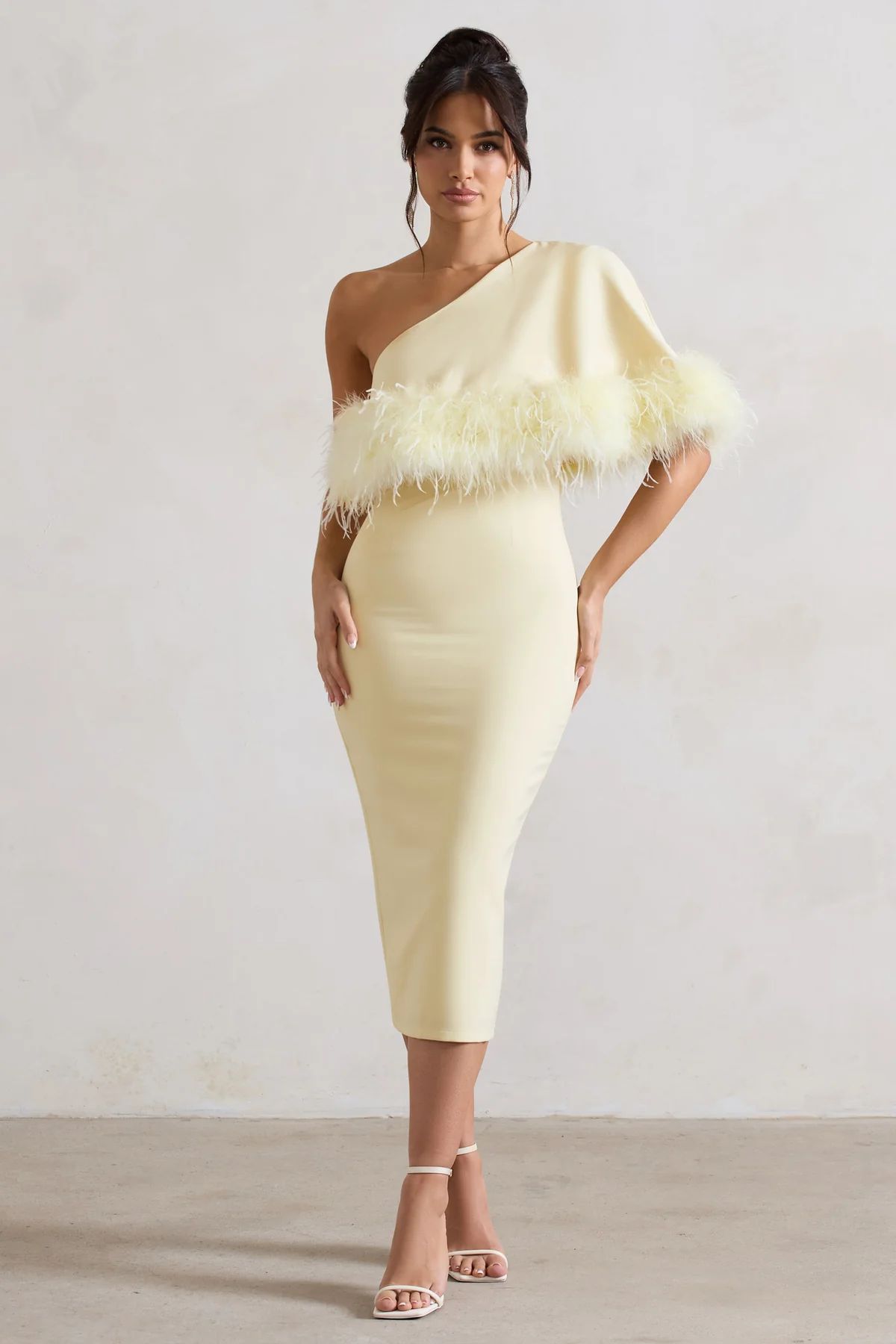 Victory | Lemon Asymmetric Midi Dress With Feather Trim | Club L London