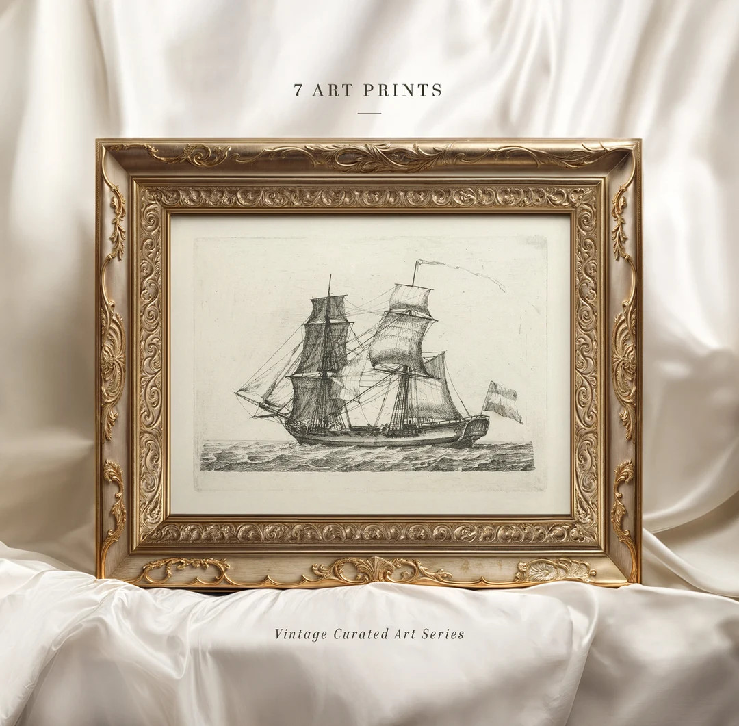 Vintage Sketch Print, Sailboat Sketch Wall Art, Neutral Etching, Antique Drawing, Rustic Moody Ho... | Etsy (US)