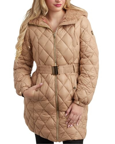 Jessica Simpson Women's Long Puffer Coat - Belted Faux Fur Lined Hooded Winter Coat - Quilted Puffer Jackets for Women (S-XL), Size Large, Sand | Amazon (US)