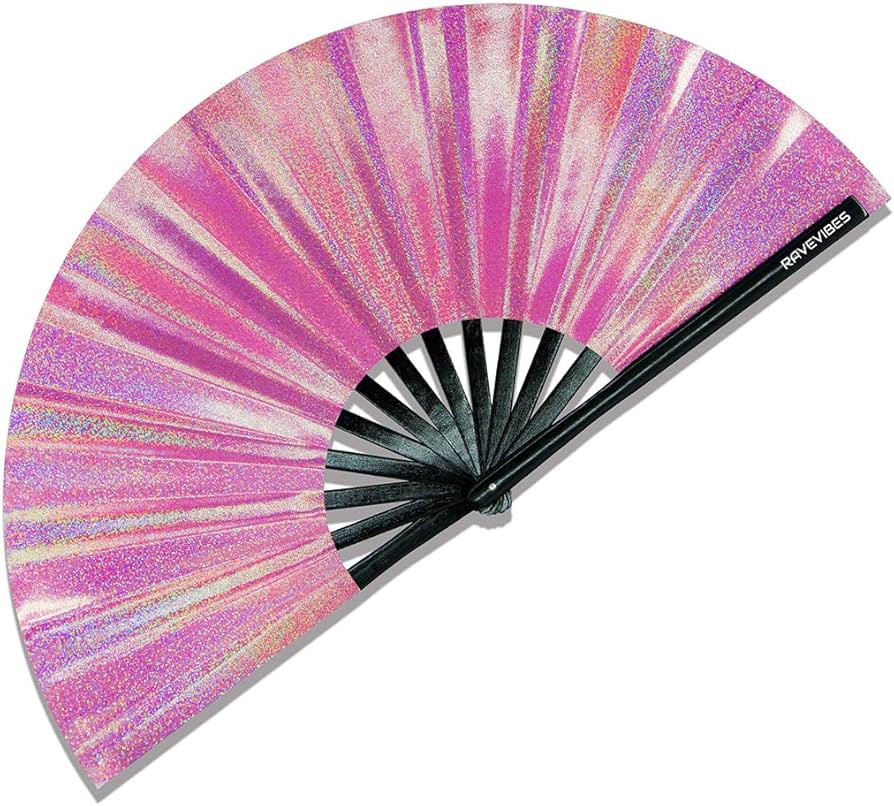 13" Large Glitter Holographic Rave Hand Fan, Folding Lridescent Festival Edm Clack Fan Foldable f... | Amazon (US)