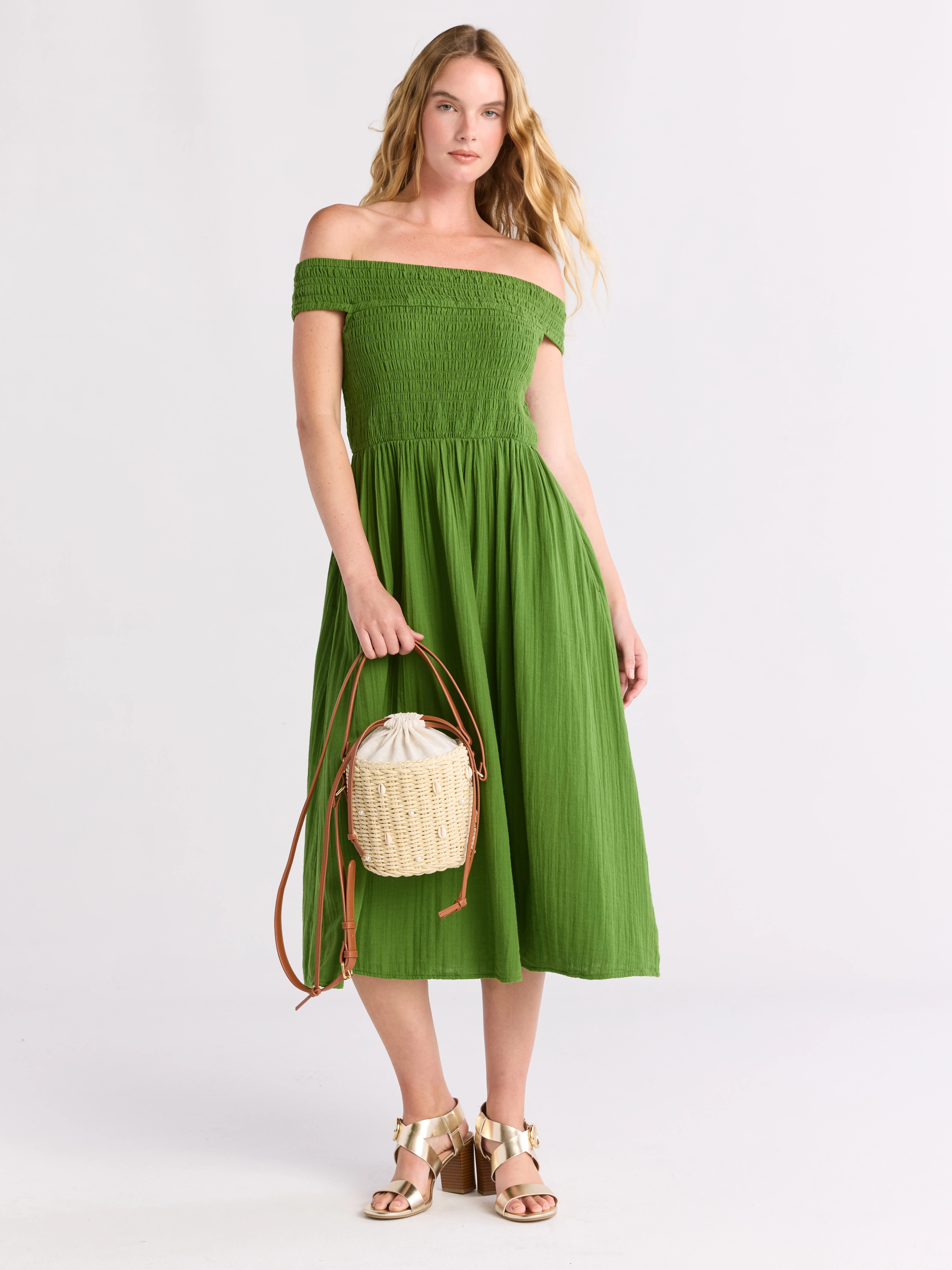 Time and Tru Women's Cotton Off the Shoulder Midi Dress, Sizes XS-XXXL | Walmart (US)