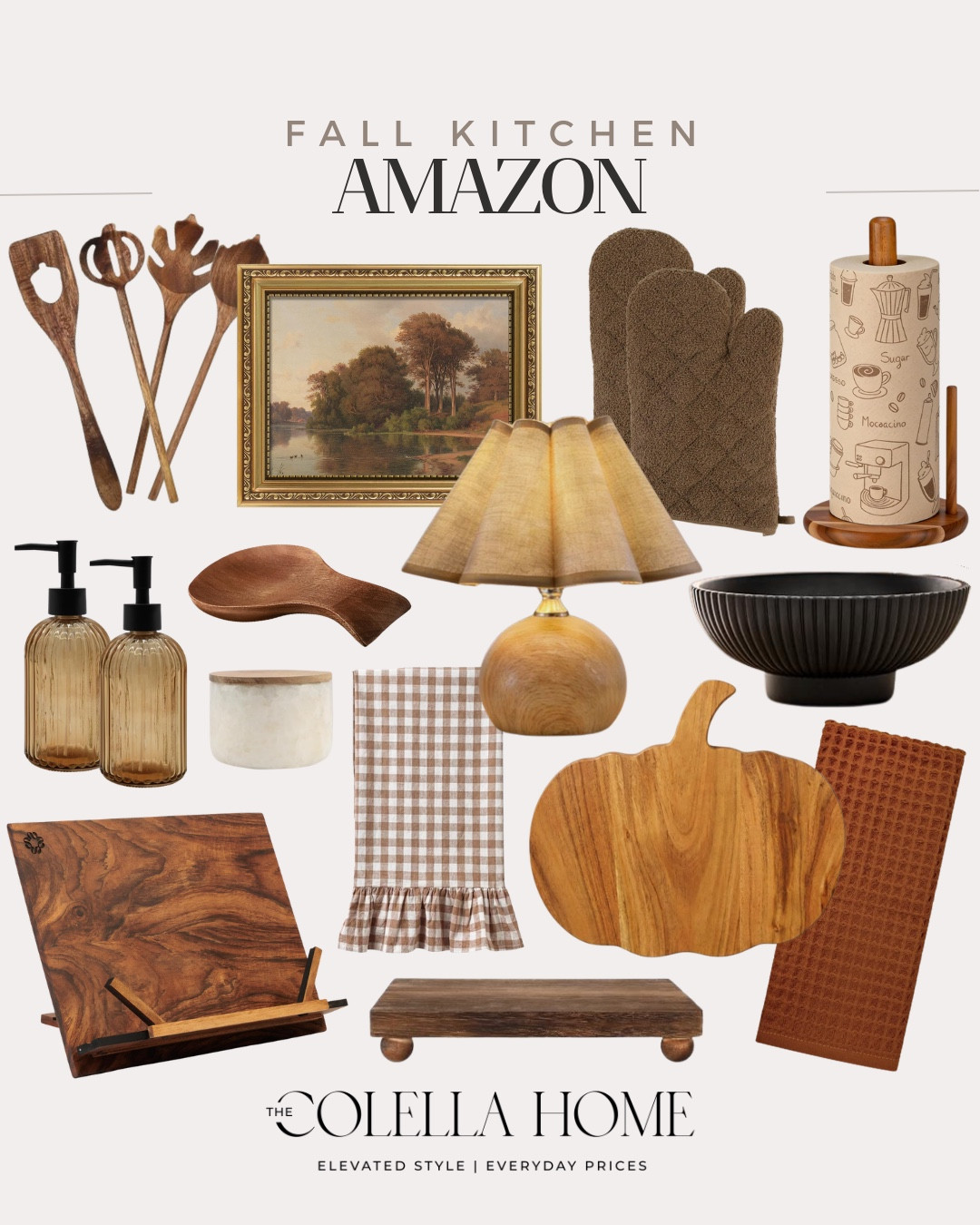 Fall kitchen includes hand towels, pumpkin charcuterie board, wooden tray, recipe book holder, soap dispenser, salt cellar, table lamp, fruit bowl, paper towel holder, oven mug, wall art, spoon holder, and utensils. 

Home decor, fall decor, fall kitchen, kitchen decor, kitchen must haves

#LTKHome #LTKSaleAlert #LTKSeasonal