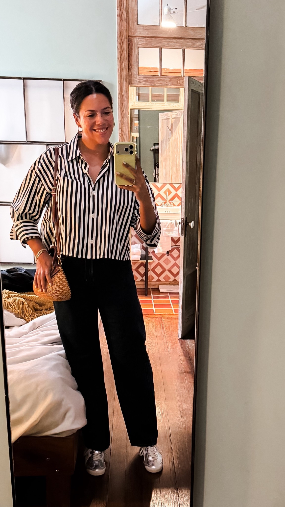 A casual, comfortable outfit for wandering the streets of Mexico City on a crisp morning! Striped Madewell cropped button down (size Large), dark denim Gap barrel jeans (size 30 Tall), silver Onitsuka sneakers, and a straw Simkai crossbody bag  

#LTKTall #LTKSeasonal #LTKMidsize