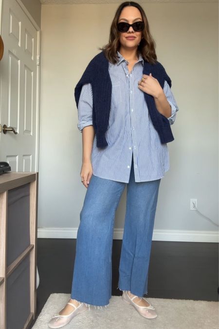 Spring outfit inspiration!
-Blue and white striped button up shirt. I sized up to a large for an oversized fit. 
-Navy blue knit cardigan, I have a medium. 
-Medium wash blue straight jeans. I have a size 29. 
-White mesh ballet flats. 
-Celine Triomphe rounded sunglasses in black acetate. 

#LTKworkwear #LTKstyletip #LTKcanada