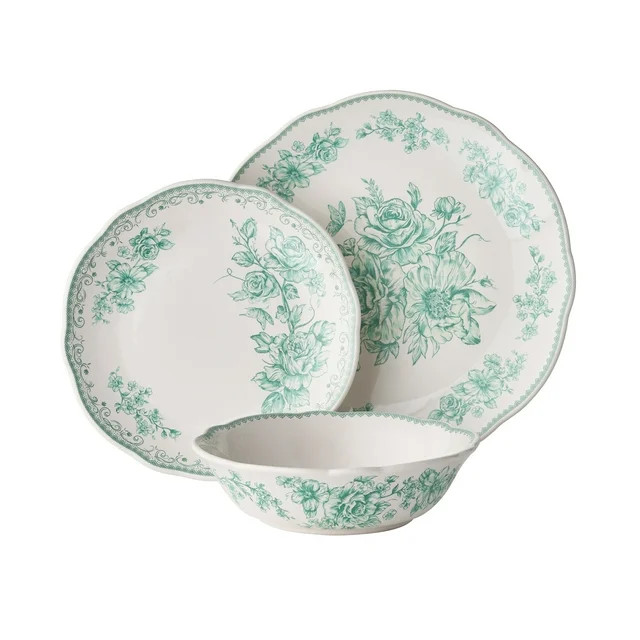 The Pioneer Woman Agatha 12-Piece Stoneware Dinnerware Set, Green | Walmart (US)