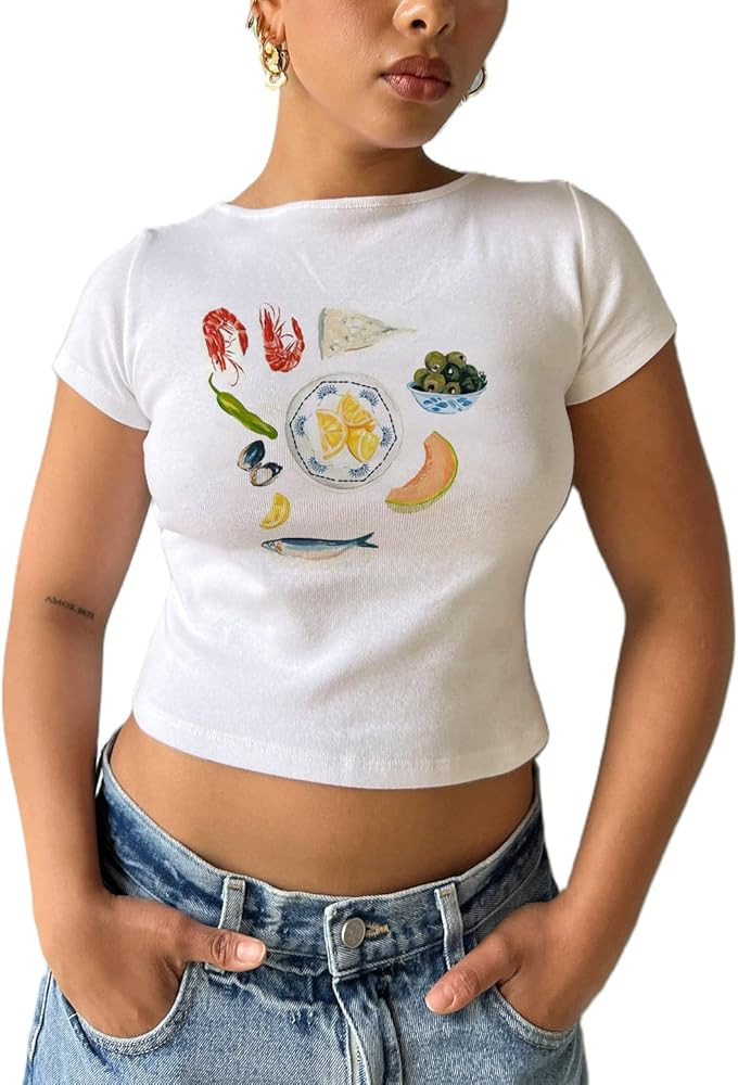 Y2k Baby Tees Women Short Sleeve Crop Tops Teen Girls Bow Fruit Graphic Print T Shirts Vintage Ae... | Amazon (US)