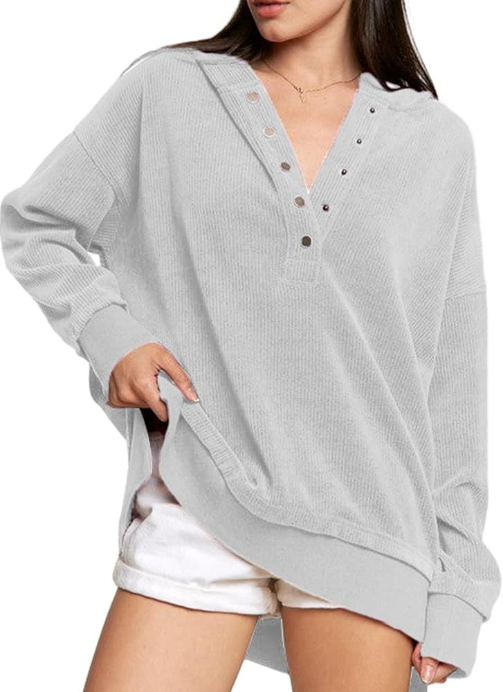 EVALESS Womens Oversized Sweatshirts Hoodies Casual Button Up V Neck Long Sleeve Shirts Pullover ... | Amazon (US)