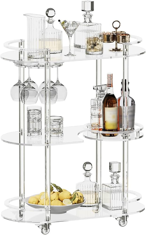 HMYHUM Acrylic Bar Cart with Glass Holder, 3 tier Rolling Serving Cart with 4 Lockable Wheels, La... | Amazon (US)