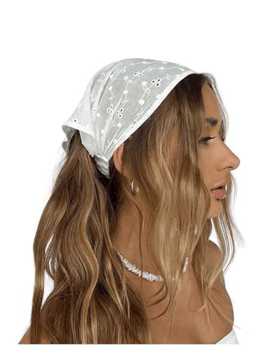 OYOANGLE Women's Hair Scarf Boho Eyelet Crochet Bandana Headbands Head Scarfs Hair Accessories White One-Size | Amazon (US)