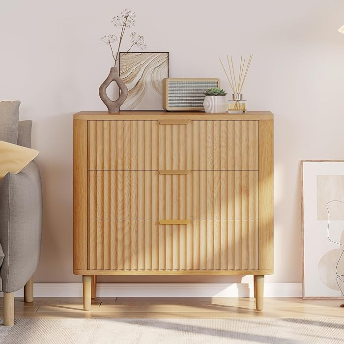 DWVO Cómoda acanalada de 3 cajones, cómodas modernas de 32.5 pulgadas de ancho con patas de mad... | Amazon (US)