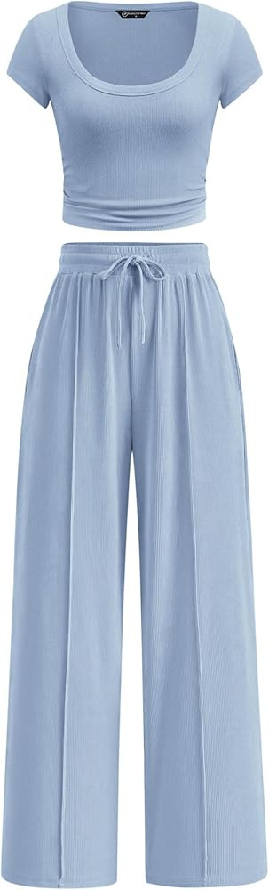 PRETTYGARDEN Women's 2 Piece Matching Lounge Sets Ribbed Short Sleeve Crop Tops Wide Leg Pants 20... | Amazon (US)