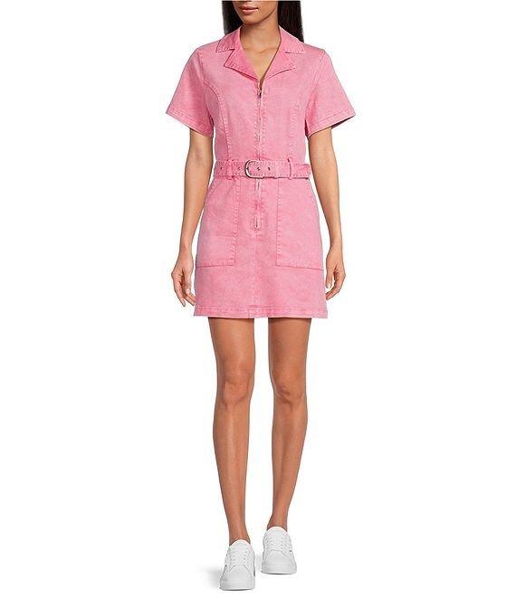 Denim Notch Collar Short Sleeve Belted Mini Dress | Dillard's