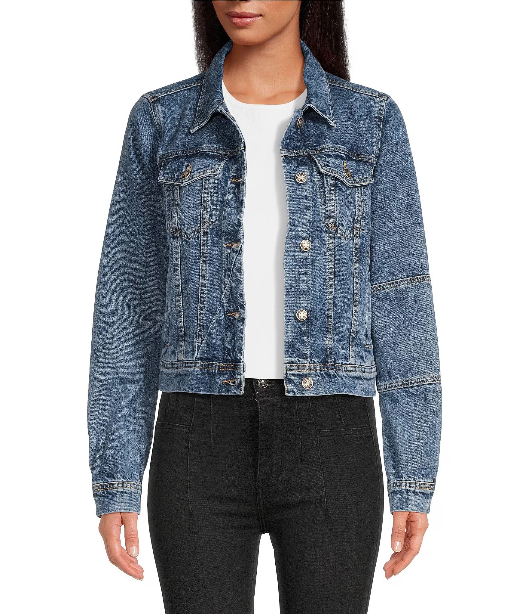 Rumors Point Collar Long Sleeve Button Front Relaxed Denim Jacket | Dillard's