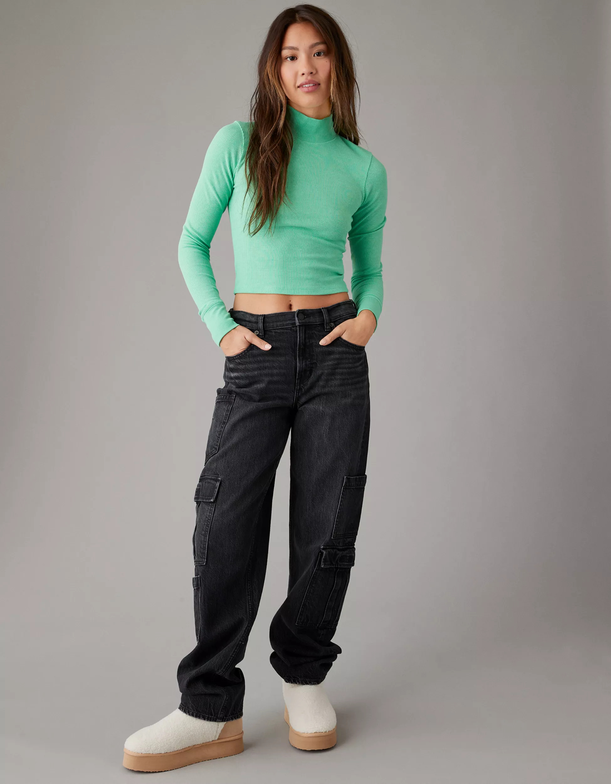 AE Long-Sleeve Cropped Hey Baby Mock Neck Tee | American Eagle Outfitters (US & CA)