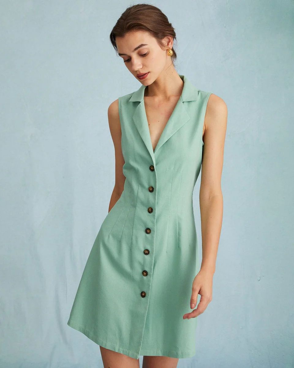 The Green Lapel Button-up Sleeveless Mini Dress & Reviews - Green - Dresses | RIHOAS | rihoas.com
