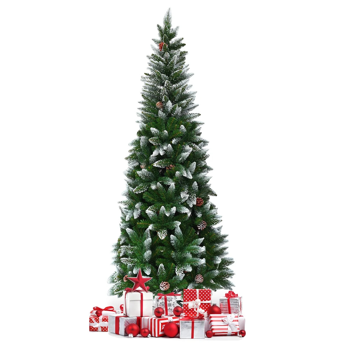 Topbuy 7.5' Artificial Pencil Christmas Tree Snow Flocked Tree w/ Pine Cones and Metal stand | Walmart (US)