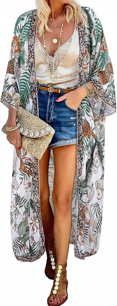 MayBuy Women's Summer Long Flowy Kimono Cardigans Boho Chiffon Beach Cover Up Tops | Amazon (US)