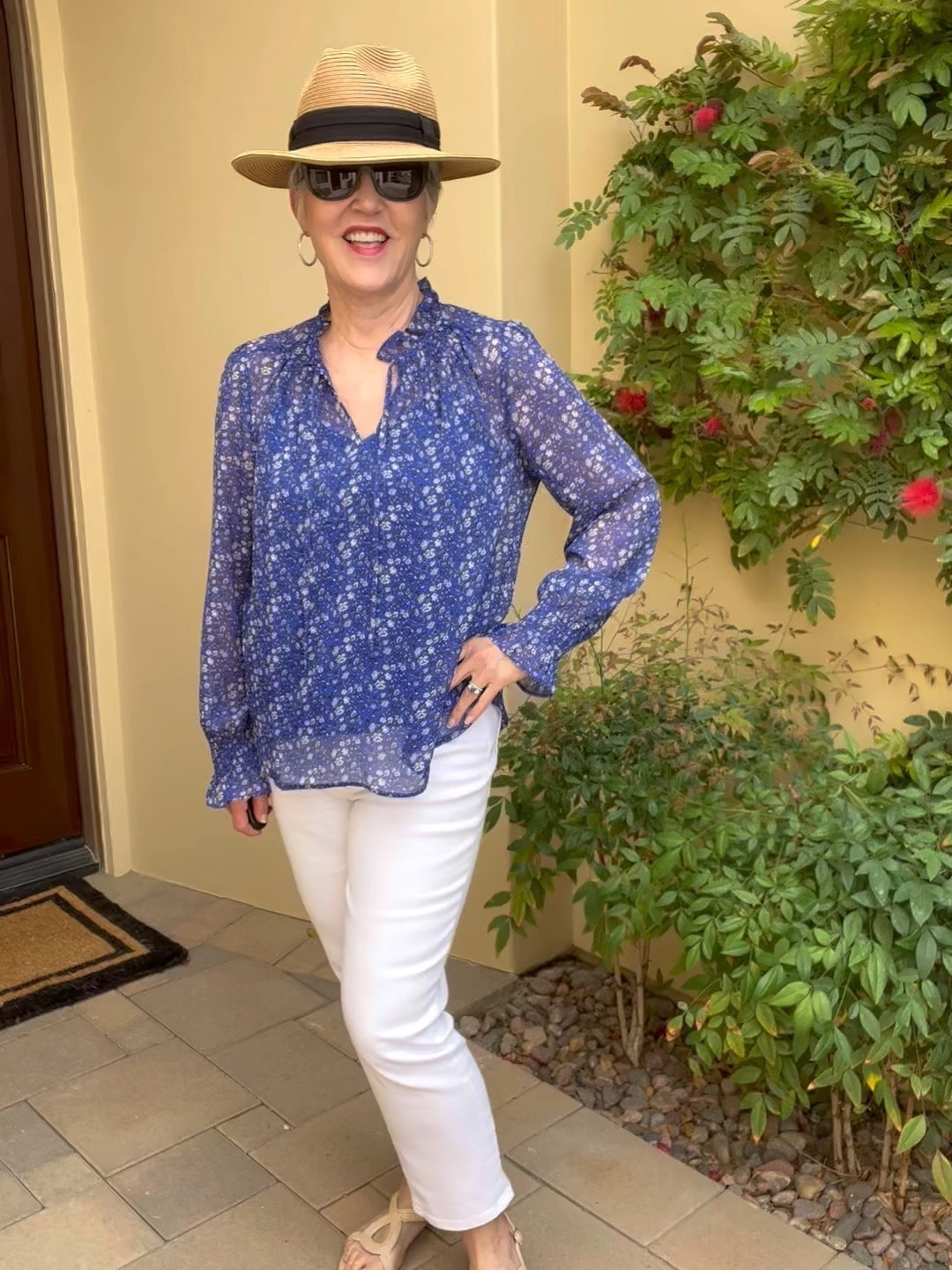 Loft Spring floral top with matching cami (S)/white Talbots pants (6)/ fedora, sunglasses 🕶️, pave hoop earring #casualspringoutfit
#springfloraltops

#LTKsalealert #LTKunder50 #LTKSeasonal