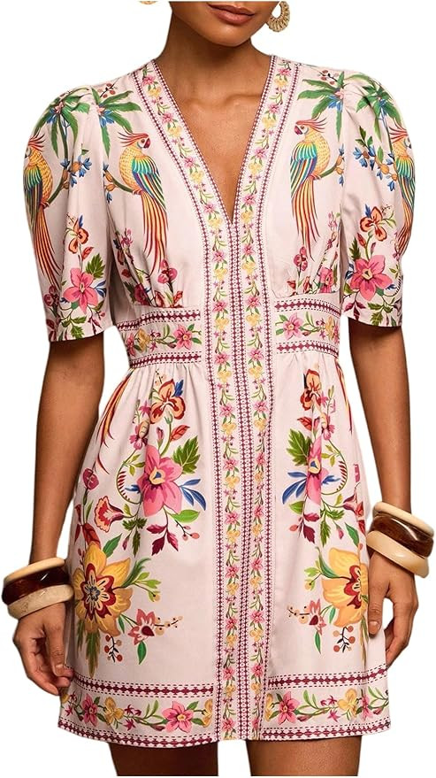 Floerns Women's Summer Tropical Mini Dress Puff Sleeve V Neck Vacation Outfit A Line Dresses | Amazon (US)