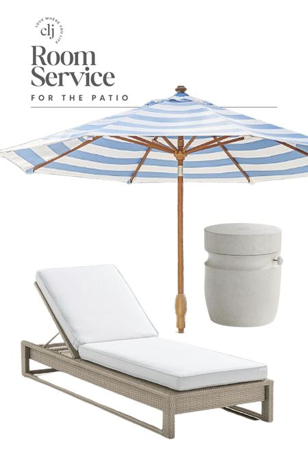 Room Service: we built a patio moment with this beautiful chaise lounge chair, faux-stone umbrella stand, and light blue striped umbrella!

#LTKstyletip #LTKSeasonal #LTKhome