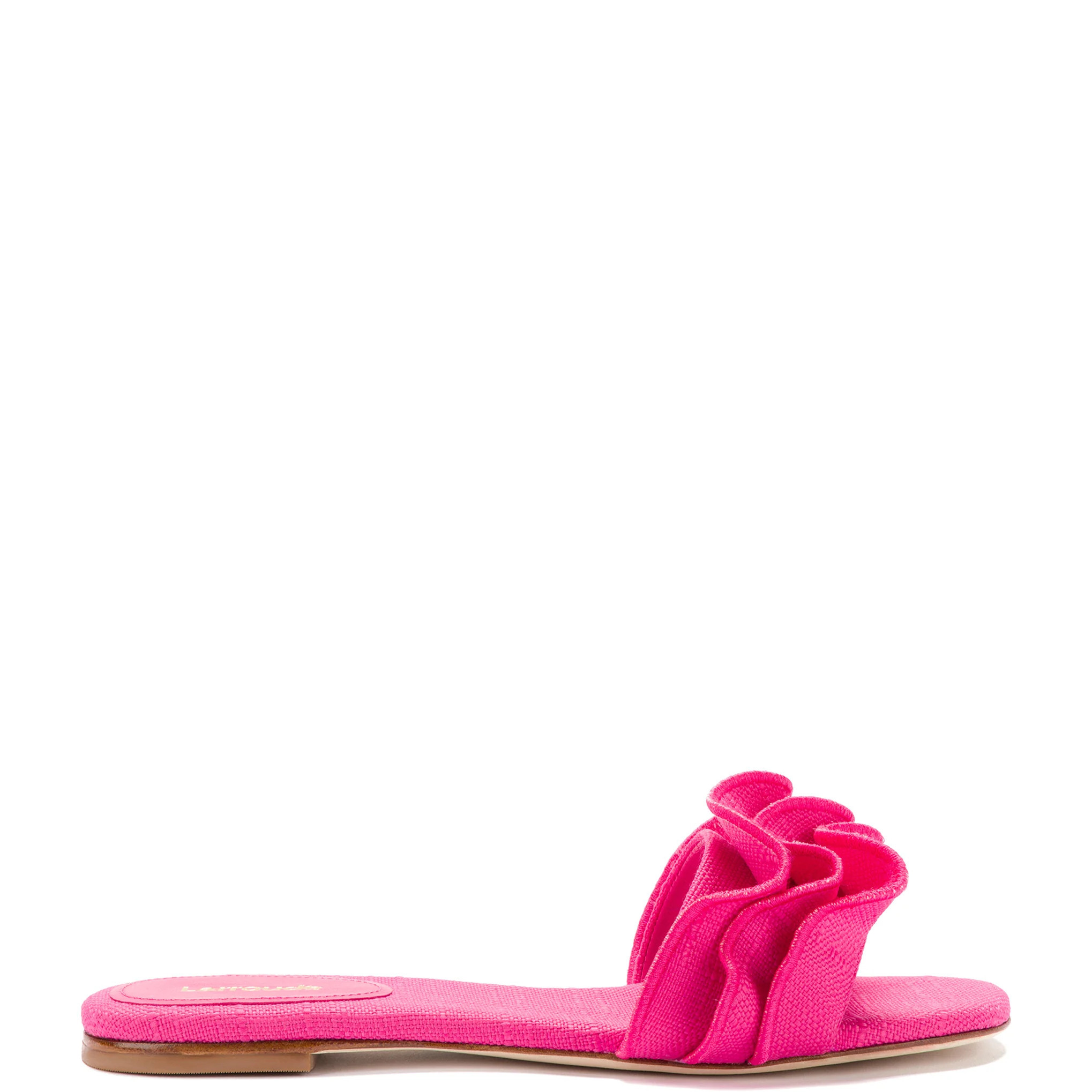 Ivy Ruffle Flat Mule In Pink Raffia | Larroude