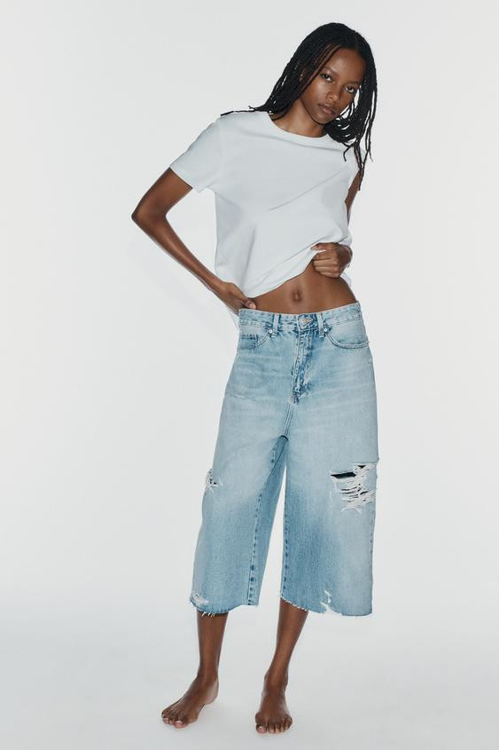 Zara - Mid-Rise Ripped Baggy Denim Jorts - Light Blue - 27 (Us 4) - Woman | Zara US
