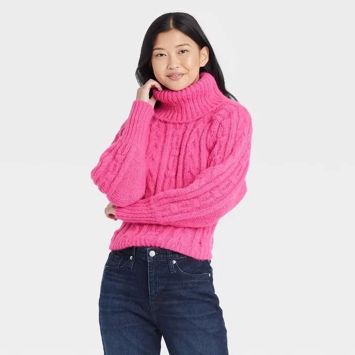 Women&#39;s Mock Turtleneck Cable Knit Pullover Sweater - A New Day&#8482; Pink L | Target