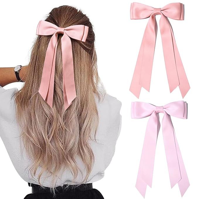 2PCS Silky Satin Hair Bows Hair Clip Pink Hair Ribbon Ponytail Holder Accessories Slides Metal Cl... | Amazon (US)