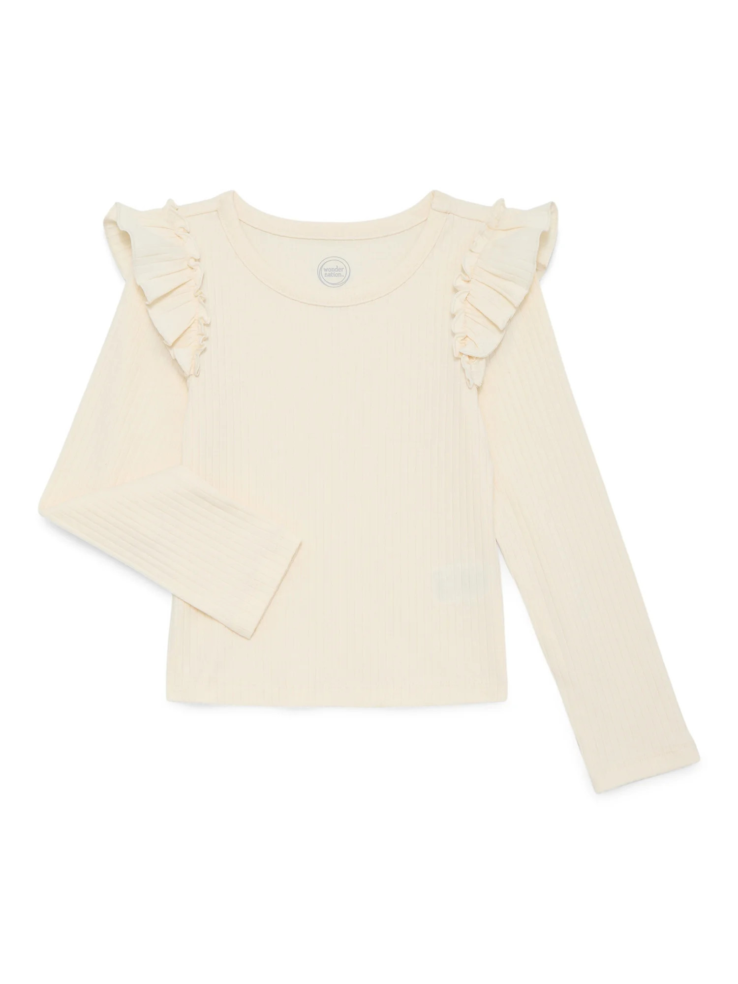 Wonder Nation Girls Long Sleeve Ruffle Shoulder Tee, Sizes 4-18 & Plus | Walmart (US)