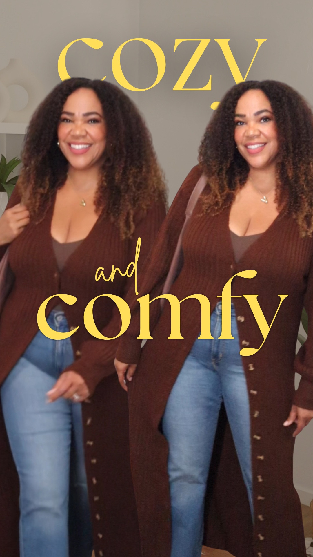 Chocolate 🍫! This duster cardigan is super cozy and versatile. Have it in two colors. Got a size large and it’s perfect. Bootcut Levi’s in a size 32. Honeylove cami is a size xl. 

Use my 20% off promo code link for the Honeylove cami -
Promo code link 🫶🏾 https://checkout.honeylove.com/VRODRIGUEZ  

#LTKMidsize #LTKootd #LTKOver40