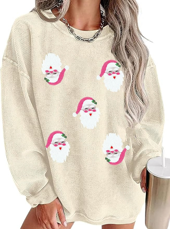 UNIQUEONE Womens Christmas Sweatshirt Sequin Santa Shirt Cute Chirstmas Graphic Tees Chirstmas Cr... | Amazon (US)