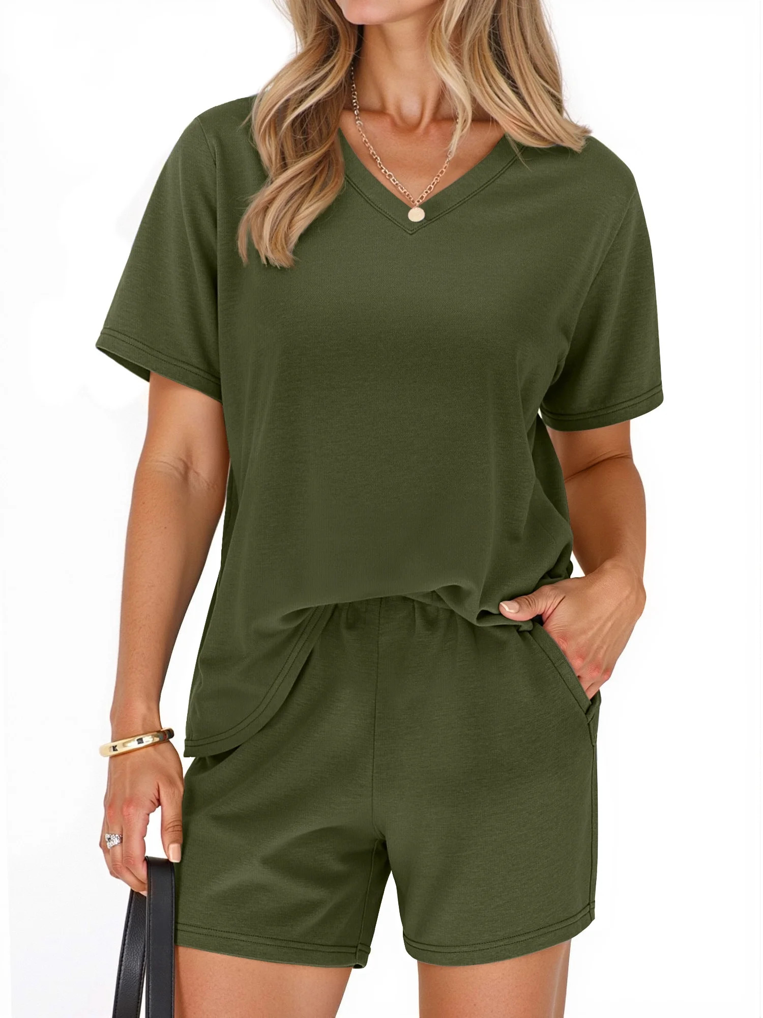 MOSHU 2 Piece Sets for Women Summer Lounge Short Sets Casual Oversized V Neck Shirts And Shorts M... | Walmart (US)