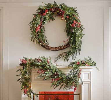 Faux Lit Red Berry Avant-Garde Wreath & Garland | Pottery Barn (US)