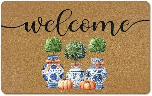 Chinoiserie Fall Welcome Doormat, Topiary Tree Pumpkins Welcome Mat | Blue and White Porcelain Ou... | Amazon (US)