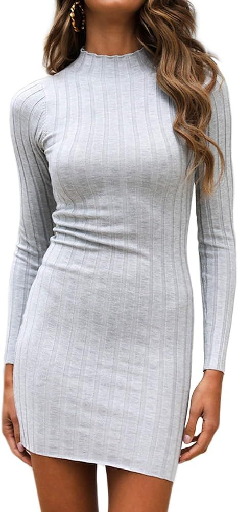 Just Quella Women's Long Sleeve Turtleneck Bodycon Mini Dress Thicken Soft Warm T-Shirt Dress | Amazon (US)