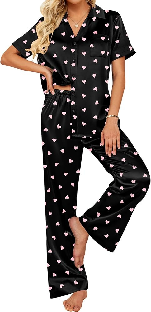 Ekouaer Silk Pajamas for Womens Set 2 Piece Satin Pjs Soft Button Down Sleepwear Wide Leg Long Pa... | Amazon (US)