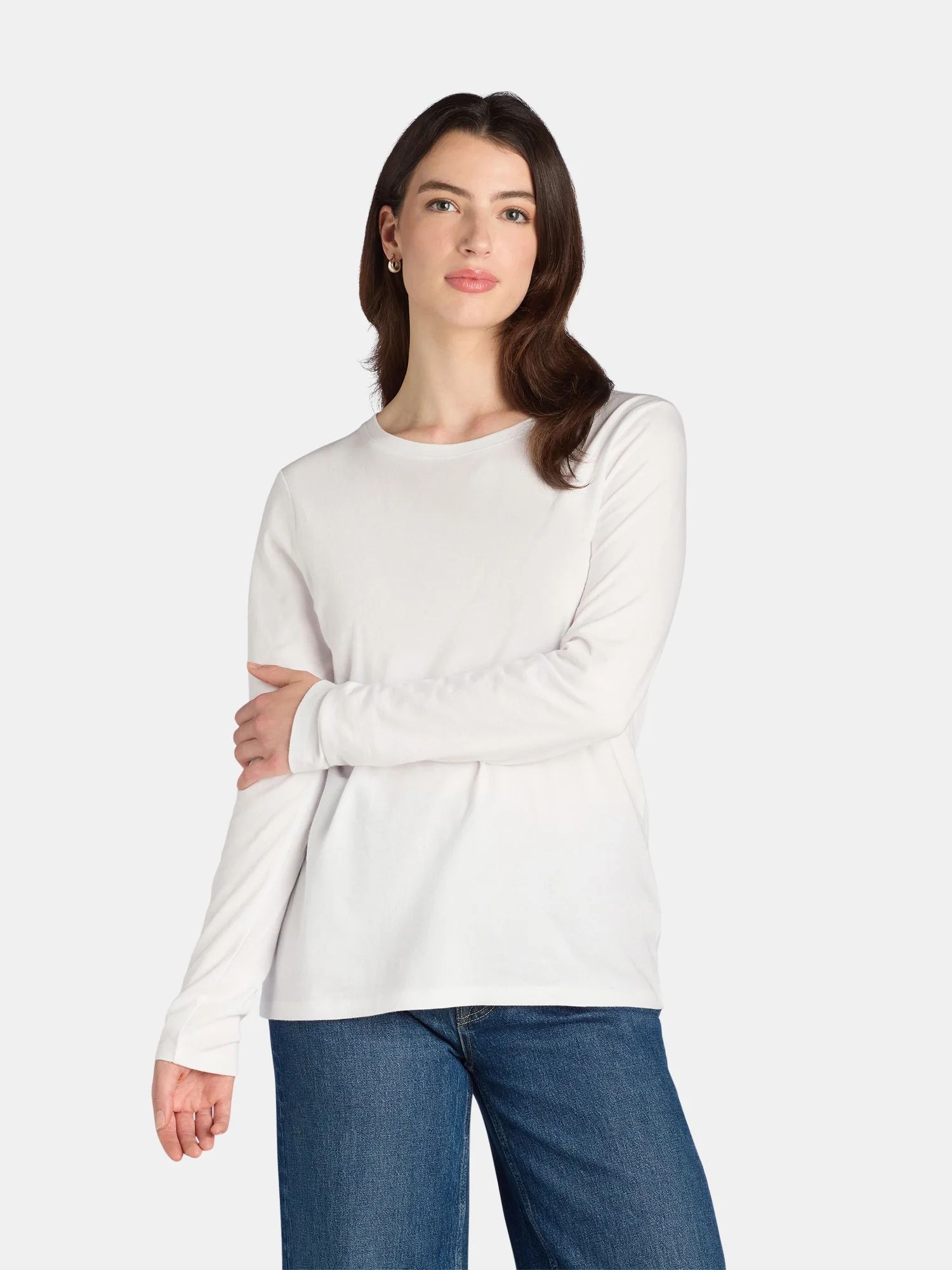 Time and Tru Women's Cotton Crewneck Tee with Long Sleeves, Size XS-XXXL | Walmart (US)