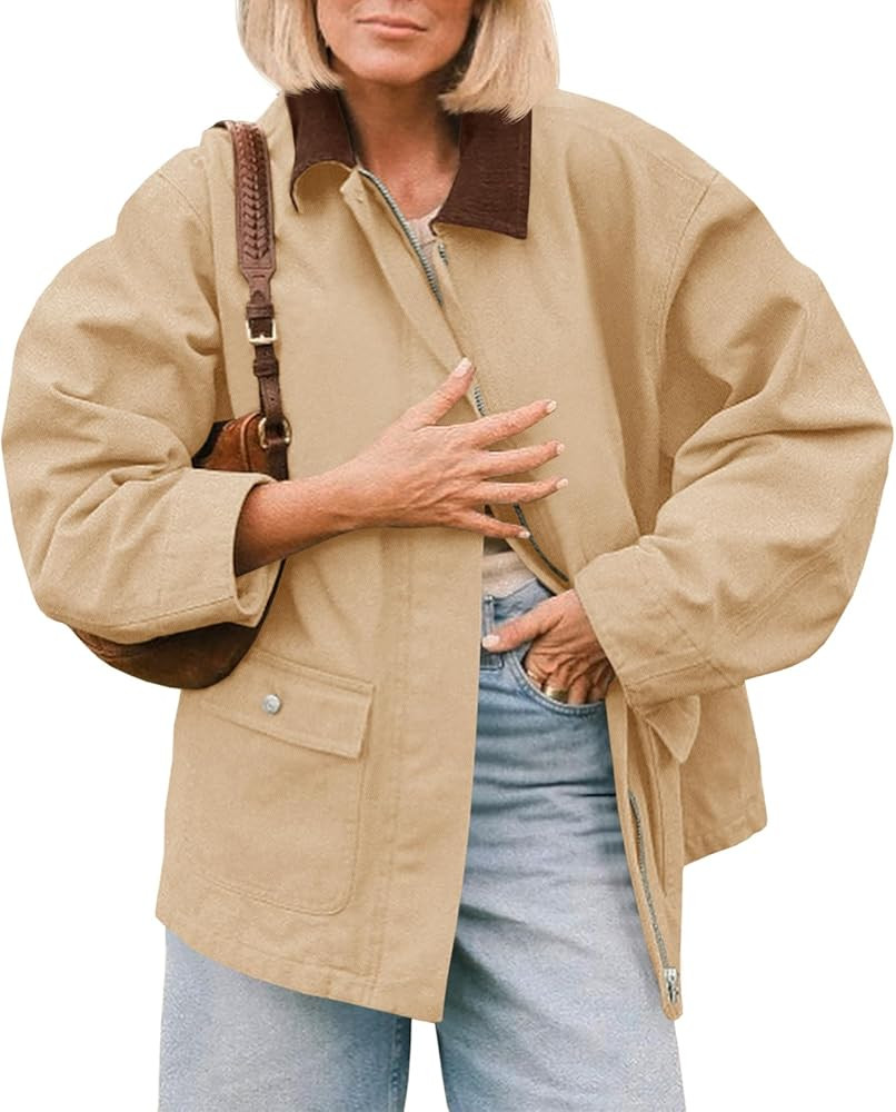 Tankaneo Womens Oversized Barn Jacket Zip Up Military Safari Jackets Fall Color Block Vintage Tre... | Amazon (US)