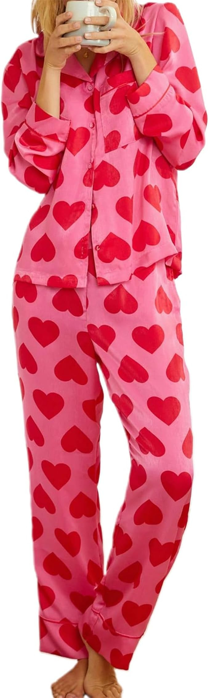 RUEWEY Women 2 Piece Pajama Set Heart Print Long Sleeves Button Down Lapel Shirt Long Pants Match... | Amazon (US)