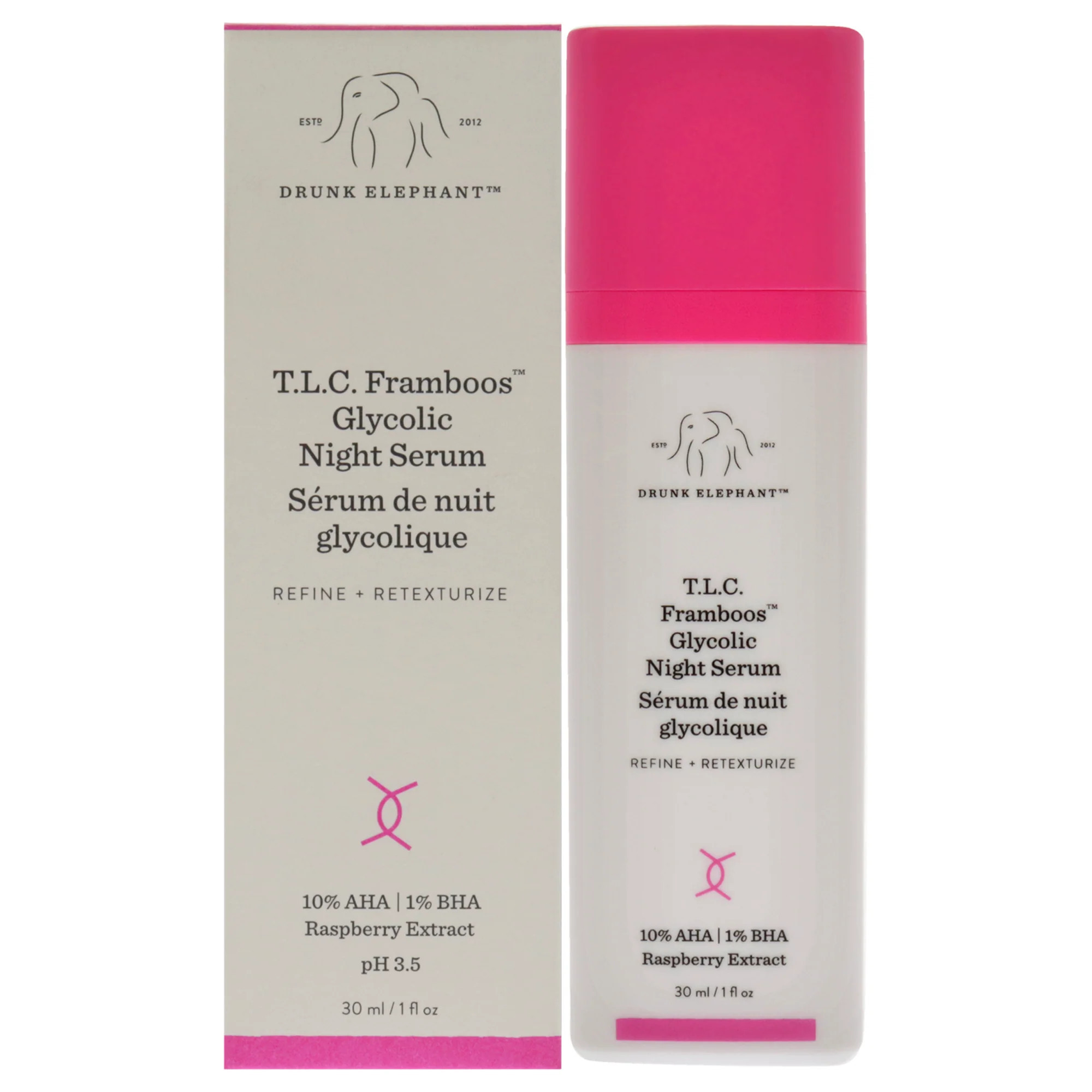 T. L.C. Framboos Glycolic Night Serum by Drunk Elephant for Unisex - 1 oz Serum | Shop Simon