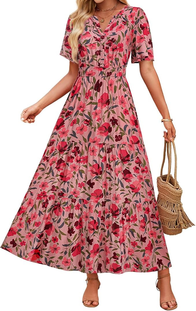 ZESICA Women's 2026 Summer Spring Floral Boho Maxi Dresses Casual Short Sleeve V Neck A Line Flow... | Amazon (US)