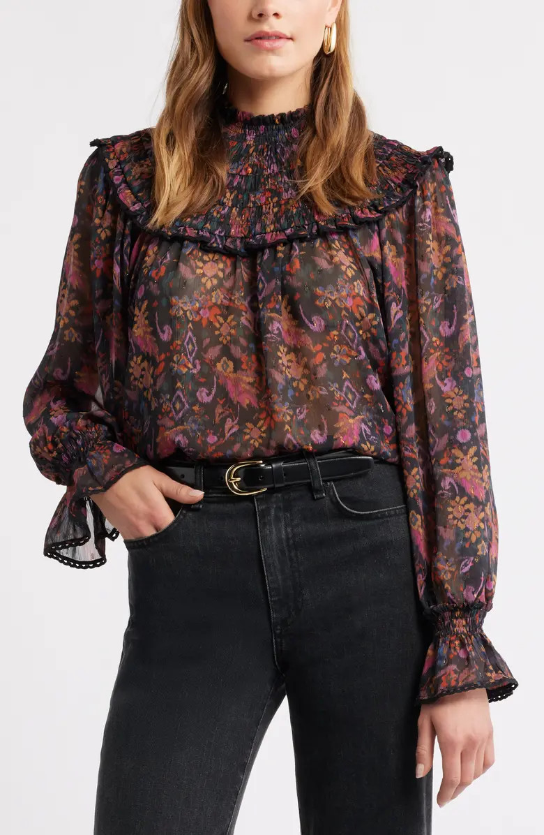 Treasure & Bond Floral Metallic Smocked Yoke Top | Nordstrom | Nordstrom