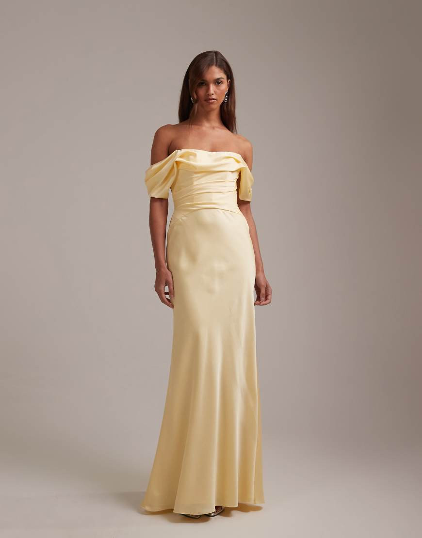 ASOS DESIGN bridesmaids bardot satin maxi dress in lemon-Yellow | ASOS (Global)